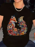 Cute T Shirts For Women Colorful Floral Pattern Surrounding A Sitting Fox, Womens White Tee, Cute Graphic Tees For Women