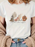 Graphic Tshirts Women Plants Coffee With Two Cats Surrounded By Cute Minimalist Objects, Green Shirt Womens, Womens Graphic Tshirts