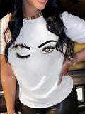 100 Cotton T Shirts For Women Winking Eyes With Floral Detail Under Elegant Feminine Face, White Cotton Shirt Women, Womens Tees