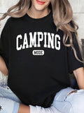 Basic Tees Women Camping Mode Bold White Letters On Soft Cotton Black Tshirt, Womens Graphic Tees Vintage, Vintage T Shirts Women