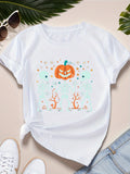 Womens White Tee Happy Halloween Pumpkin With Dancing Ghosts And Bare Trees T Shirt, Red T Shirt Women, Blue Shirt Women