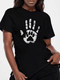 Blue Shirt Women Black Cotton Tshirt With White Handprint And Paw Print Design, Pink Shirt Womens, Graphic Shirts For Women