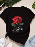 Grey T Shirt Womens Love Red Gorgeous Blooming Rose With Green Leaves Black T Shirt, Women Tshirts, Womens Tees