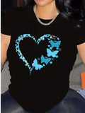 Grey T Shirt Womens Blue Butterfly Swarm Surrounding Heart Shape With Soft Texture Tshirt, Vintage T Shirts Women, Cute T Shirts For Women
