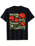 Blue Shirt Women Walking By Faith Tripping Constantly Red Poppies With Green Leaves And Small Flowers T Shirt, Funny Shirts For Women, Cute Graphic Tees For Women