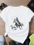 Funny Shirts For Women Cowboy Riding Horse With Two Running Dogs Wild West Scene, Womens Night Shirts, Funny T Shirts For Women