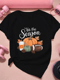 Graphic Tshirts Women Seasonal Autumn Pumpkins With Foam Coffee And Football On Black T Shirt, Graphic Tees Women, Cotton Shirts For Women
