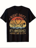 100 Cotton T Shirts For Women Night Shift Heartbeat Rhythm With Scenic Sunset And Awesome Text T Shirt, Graphic Shirts For Women, Red T Shirt Women