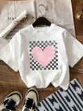 Funny T Shirts For Women Pink Heart Over Checkerboard Pattern On Classic Cotton T Shirt, Womens Tees, Graphic Tshirts Women