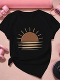 Country Shirts Womens Black Tshirt Featuring Stylized Sun Glowing Over Calm Water, Graphic Tshirts Women, Blue Shirt Women