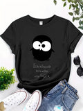 Cotton T Shirts For Women Playful Cartoon Owl With Big Eyes On Black Tshirt, Green Shirt Womens, Womens Graphic Tees Vintage