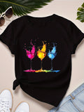 Black T Shirt Women Colorful Paint Splash Design With Vibrant Red Yellow And Blue Wine Glass, Grey T Shirt Womens, Green Shirt Womens