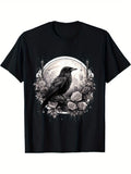 Graphic Tshirts Women Dark Mysterious Bird Perched Among Detailed Roses Under Full Moon Crow, Graphic Shirts For Women, Womens Shirts