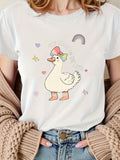Grey T Shirt Womens Cute Cartoon Duck Wearing Colorful Hat Among Floating Hearts Stars And Rainbow Duck, Black T Shirt Women, Green Shirt Womens