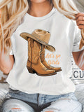 Graphic Tees Women Lets Go Girls Featuring Vintage Leather Cowboy Boot And Hat Design, Cute T Shirts For Women, Womens Graphic Tees Vintage