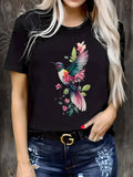 Cotton T Shirts For Women Colorful Flying Hummingbird With Pink Flowers And Green Leaves, 100 Cotton T Shirts For Women, Womens T Shirts