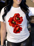 Funny Shirts For Women Vibrant Red Poppies Blooming On Elegant White T Shirt, Women T Shirt, Women's Short Sleeve T Shirts
