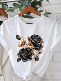 Grey T Shirt Womens Black And Gold Elegant Roses With Delicate Leaves And Graceful White T Shirt, Womens Graphic T Shirts, Womens Graphic Tees Vintage
