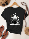 Cotton T Shirts For Women Cool Cat Playing Drums With Sunglasses On A Black Tshirt, Women T Shirt, Womens Graphic T Shirts