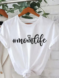 Womens T Shirts Momlife With Heart Script Black Text White Cotton Tshirt, Graphic Tshirts Women, Womens Graphic Tees Vintage
