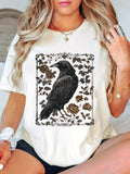 Basic Tees Women Black Raven Perched Among Vintage Brown Flowers And Leaves Shirt, Womens Graphic Tshirts, Grey T Shirt Womens