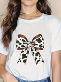 Cotton T Shirts For Women White Shirt With Realistic Brown And White Cow Print Bow, Shirt For Women, Graphic Tees Women