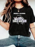 Womens White Tee Energy Loading Relaxed Cat Sleeping On Progress Bar Tshirt, Women T Shirt, Women's Short Sleeve T Shirts