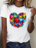 Womens T Shirts Colorful Puzzle Pieces Forming A Heart Shape On White Tshirt, Women's Short Sleeve T Shirts, Graphic Tshirts Women