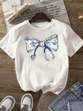 Country Shirts Womens Decorative Blue Patterned Bow With Stylish Knot Core Object, Funny Shirts For Women, Graphic Shirts For Women