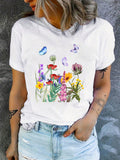 Womens T Shirts Colorful Flowers With Fluttering Butterflies Among Green Leaves T Shirt, White Cotton Shirt Women, Shirt For Women