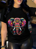 Basic Tees Women Colorful Floral Pattern With Intricate Details Surrounding Majestic Elephant, White Cotton Shirt Women, Cotton T Shirts For Women