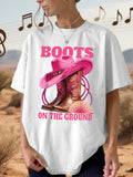Womens Graphic Tees Vintage Boots On The Ground Pink Cowboy Hat And Leather Boots, Cotton Shirts For Women, Black T Shirt Women