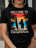 Cotton T Shirts For Women Welcome To California Surfer Riding Waves With Palm Trees And Sunset Shirt, Green Shirt Womens, 100 Cotton T Shirts For Women