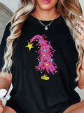 Pink Shirt Womens Bright Magical Star Shining Above Vibrant Decorated Christmas Tree, Country Shirts Womens, Basic Tees Women