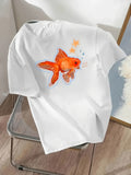 Womens Graphic T Shirts Bright White Shirt With Vibrant Orange Goldfish And Small Blue Stars Fish, 100 Cotton T Shirts For Women, Women T Shirt