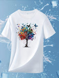 Womens Tees Colorful Butterflies Flying Around Vibrant Tree With Leafy Branches Shirt, Women T Shirt, Women's Short Sleeve T Shirts
