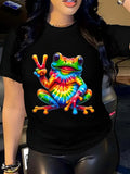 Blue Shirt Women Colorful Vibrant Psychedelic Pattern Featuring Peace Sign Frog, Black T Shirt Women, 100 Cotton T Shirts For Women