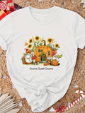 Green Shirt Womens Gnome Sweet Gnome Whimsical Autumn Pumpkin Cottage With Sunflowers And Mushrooms, Womens White Tee, Graphic Tees Women