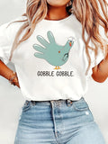Womens Graphic Tees Vintage Gobble Gobble Playful Cartoon Turkey With Handprint Shape, Womens Tees, Vintage T Shirts Women