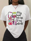 Graphic Tees Women My Heart Belongs To My Patients Colorful Medical Tools With Heartbeat Stethoscope On Shirt, Pink Shirt Womens, Cotton T Shirts For Women