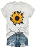 Cotton T Shirts For Women Bright Yellow Sunflowers With Detailed Leaves On Soft White Fabric T Shirt, Womens Graphic Tees Vintage, Womens T Shirts