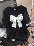 Womens T Shirts Delicate Lace Bow Printed On Soft Black Cotton Tshirt, Green Shirt Womens, Womens Graphic T Shirts