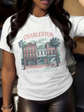 Womens Graphic Tshirts Charleston South Carolina Vintage Street Scene Building With Palm Trees And Clear Sky Tshirt, White Cotton Shirt Women, Cute Graphic Tees For Women