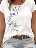 Womens Night Shirts Elegant White Short Sleeve T Shirt With Blue Floral Pattern, Women T Shirt, Womens Grinch Shirt