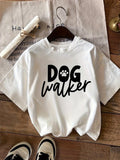 Cotton T Shirts For Women Dog Walker Simple Casual Cotton White Tshirt, White Cotton Shirt Women, Cute Graphic Tees For Women