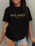 Funny T Shirts For Women Milano Italy Simple Elegant Gold Text Black Cotton Tshirt, Womens Graphic Tshirts, Basic Tees Women