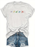 Funny T Shirts For Women Colorful Small Cartoon Dinosaurs Row On Plain White T Shirt, Cute Graphic Tees For Women, Women Tshirts
