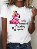 Funny T Shirts For Women Easily Distracted By Shiny Objects Cute Flamingo With Crown And Sparkles Shirt, Womens White Tee, Vintage Shirts Women