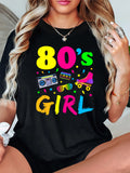 Grey T Shirt Womens Eighties Style Retro Colorful Vintage Items With Girl, Cute Graphic Tees For Women, Green Shirt Womens