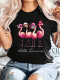 Basic Tees Women Hello Summer Four Stylish Flamingos Wearing Hats And Glasses Shirt, White Cotton Shirt Women, Blue Shirt Women